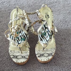 Apple Snake Print Sandals with Gold Accents